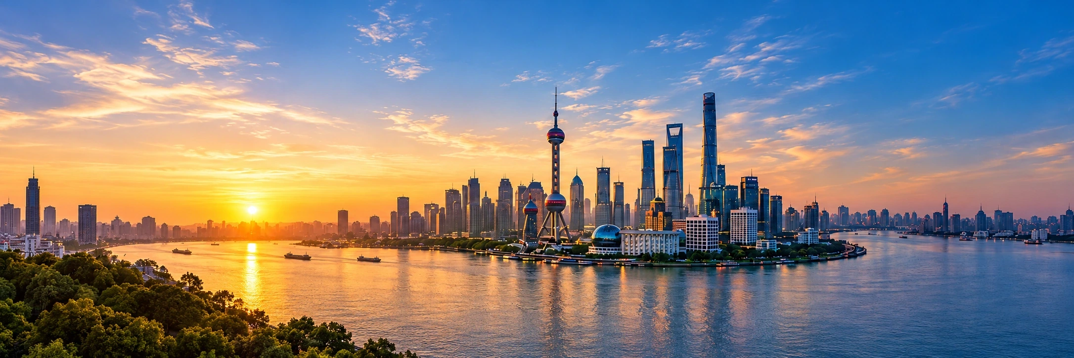 Shanghai skyline in the blue and golden sunset of the approved design